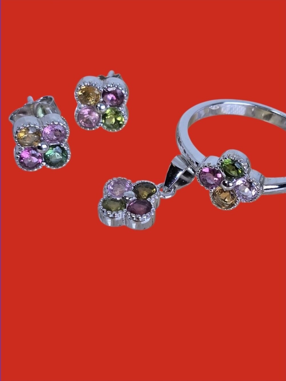 925 Sterling Silver Set (Earrings, Ring Sz 6, Pendant) With Natural Tourmaline .